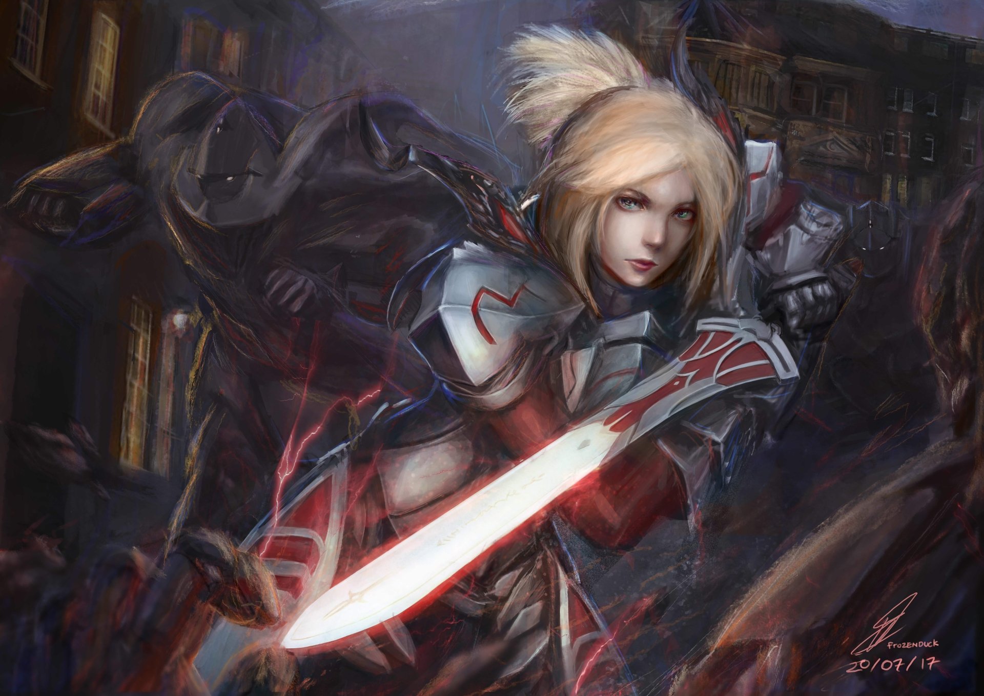 HD wallpaper featuring Mordred, the Saber of Red from Fate/Apocrypha, in battle armor with a glowing sword, set against a dark, dynamic backdrop.