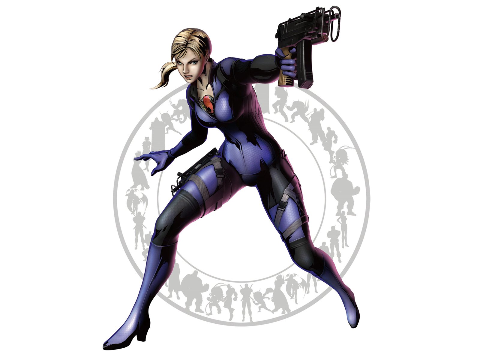 HD PC desktop wallpaper from the video game Marvel vs. Capcom 3: Fate of Two Worlds — a blonde female fighter in a purple tactical suit aiming a handgun in front of a circular emblem.