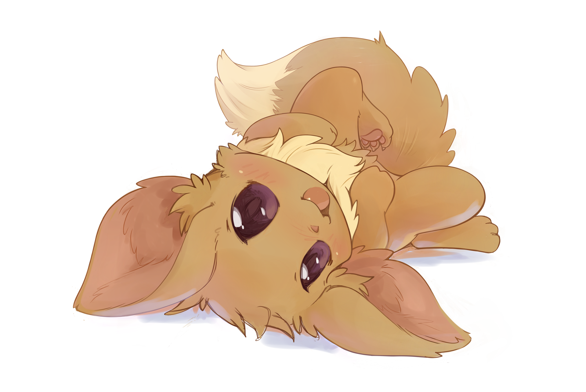 HD anime-style desktop wallpaper featuring Eevee, the adorable Pokémon, lying down with a soft expression against a white background.