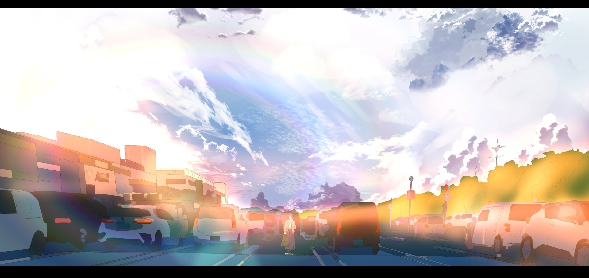HD anime-style PC desktop wallpaper featuring an original cityscape with vibrant skies and bright sunlight creating a warm, glowing atmosphere.