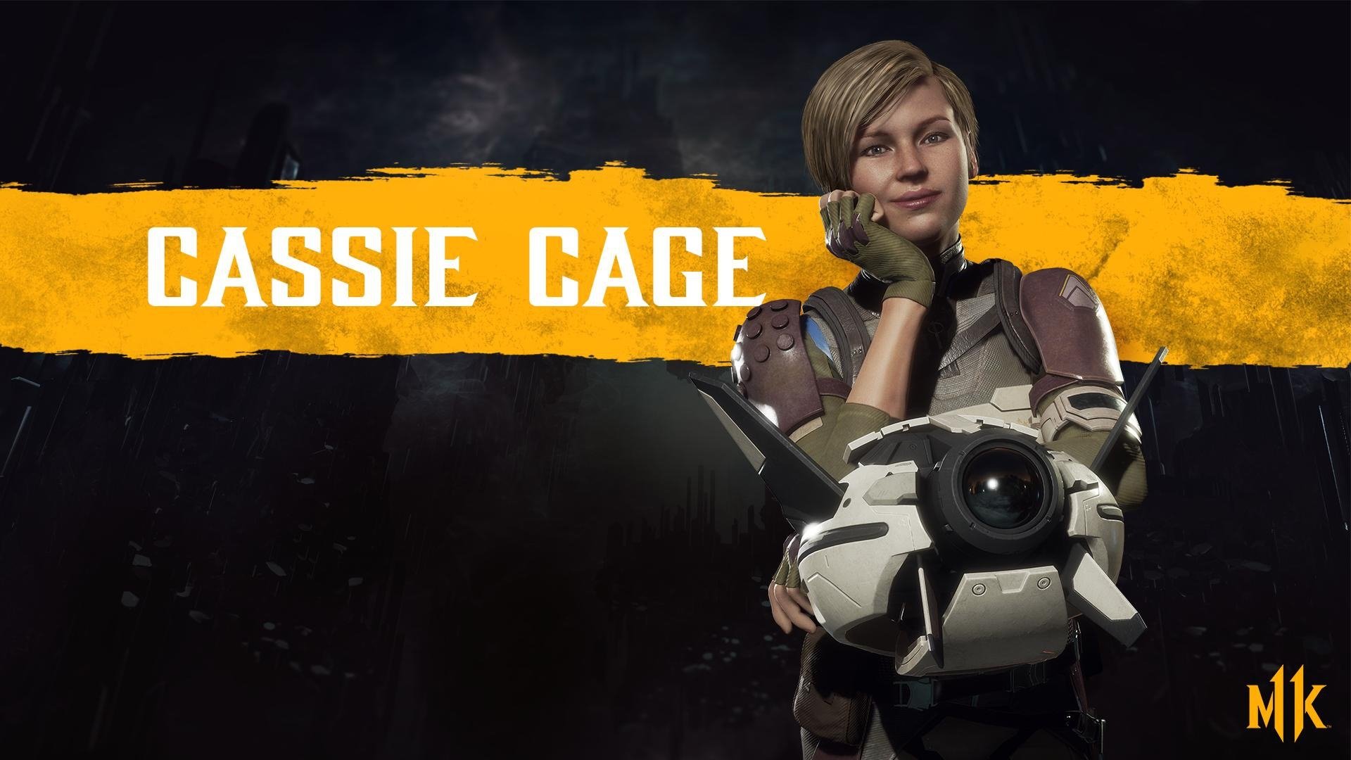 HD PC desktop wallpaper featuring Cassie Cage from the video game Mortal Kombat 11, showcasing her in combat gear against a dark background with bold yellow text.