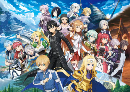 HD desktop wallpaper featuring popular characters from Sword Art Online series, including Kirito, Asuna, and Alice, gathered in a dynamic and colorful setting.