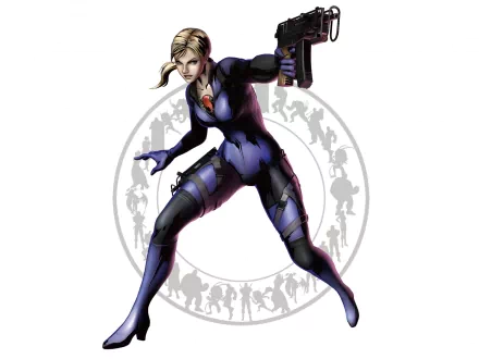 HD PC desktop wallpaper from the video game Marvel vs. Capcom 3: Fate of Two Worlds — a blonde female fighter in a purple tactical suit aiming a handgun in front of a circular emblem.