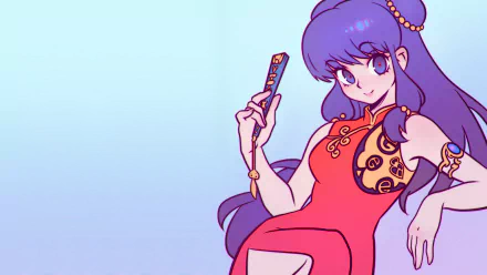 HD PC desktop wallpaper of Shampoo from Ranma ½: purple-haired anime girl in a red cheongsam, holding a decorative comb against a soft blue gradient background.
