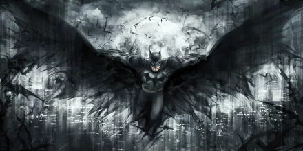 HD desktop wallpaper featuring Batman from DC Comics, showcasing him flying over a city with bats around, set against a dramatic, monochromatic background.