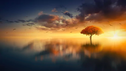 A vibrant tree stands alone by a tranquil lake at sunset, captured in stunning 4K Ultra HD, blending nature’s beauty with a serene, colorful sky.