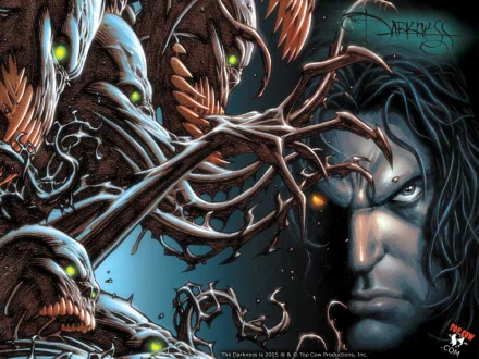 HD PC desktop wallpaper featuring a dark comic scene from The Darkness, showcasing a brooding character surrounded by eerie, glowing-eyed monstrous creatures.