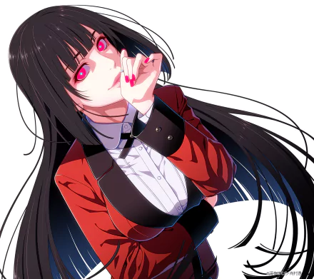 HD desktop wallpaper of Yumeko Jabami from the anime Kakegurui, featuring her distinctive red eyes and long black hair, dressed in her school uniform with a confident expression.