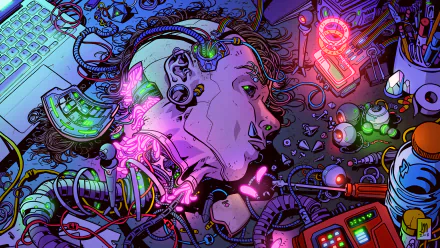 HD cyberpunk desktop wallpaper featuring a futuristic human with exposed cybernetic implants and neon-lit surroundings, reflecting a sci-fi aesthetic.