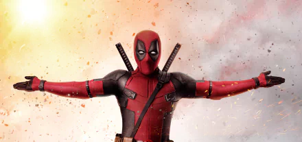 Deadpool from the movie Deadpool 2 poses with arms outstretched, set against a smoky background in this 8K Ultra HD PC desktop wallpaper.