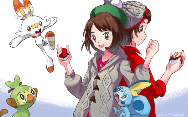 Gloria (Pokémon) Victor (Pokémon) Sobble (Pokémon) Scorbunny (Pokémon) Grookey (Pokémon) video game Pokémon: Sword and Shield HD Desktop Wallpaper | Background Image