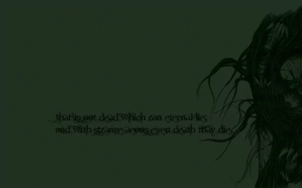 Dark gothic HD PC wallpaper featuring a monstrous creature alongside a haunting H.P. Lovecraft quote, evoking eerie and otherworldly vibes.