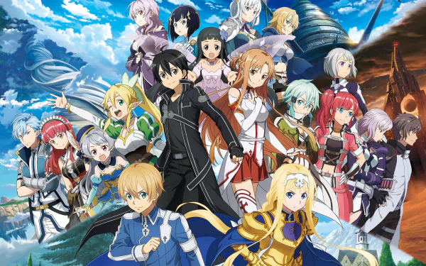 HD desktop wallpaper featuring popular characters from Sword Art Online series, including Kirito, Asuna, and Alice, gathered in a dynamic and colorful setting.