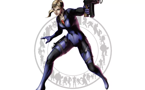 HD PC desktop wallpaper from the video game Marvel vs. Capcom 3: Fate of Two Worlds — a blonde female fighter in a purple tactical suit aiming a handgun in front of a circular emblem.