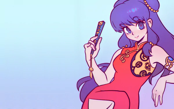 HD PC desktop wallpaper of Shampoo from Ranma ½: purple-haired anime girl in a red cheongsam, holding a decorative comb against a soft blue gradient background.