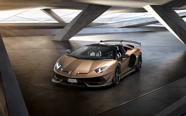 Brown Lamborghini Aventador SVJ supercar parked in a modern architectural setting, showcased as an 8K Ultra HD PC desktop wallpaper and background.