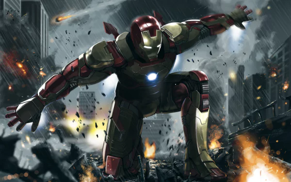 Comic-style Iron Man striking a dynamic pose amid a fiery urban battle scene, rendered in stunning 4K Ultra HD for PC desktop wallpaper and background.