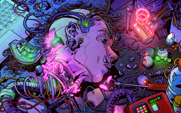 HD cyberpunk desktop wallpaper featuring a futuristic human with exposed cybernetic implants and neon-lit surroundings, reflecting a sci-fi aesthetic.