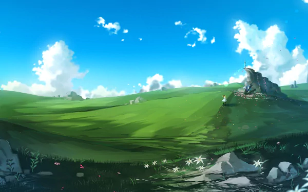 HD PC wallpaper featuring a serene green landscape under a bright blue sky, themed around Merlin, Artoria Pendragon, and Saber Lily from Fate/Grand Order anime.