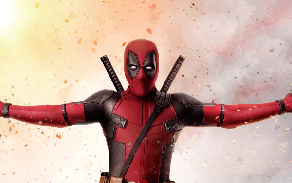 Deadpool from the movie Deadpool 2 poses with arms outstretched, set against a smoky background in this 8K Ultra HD PC desktop wallpaper.