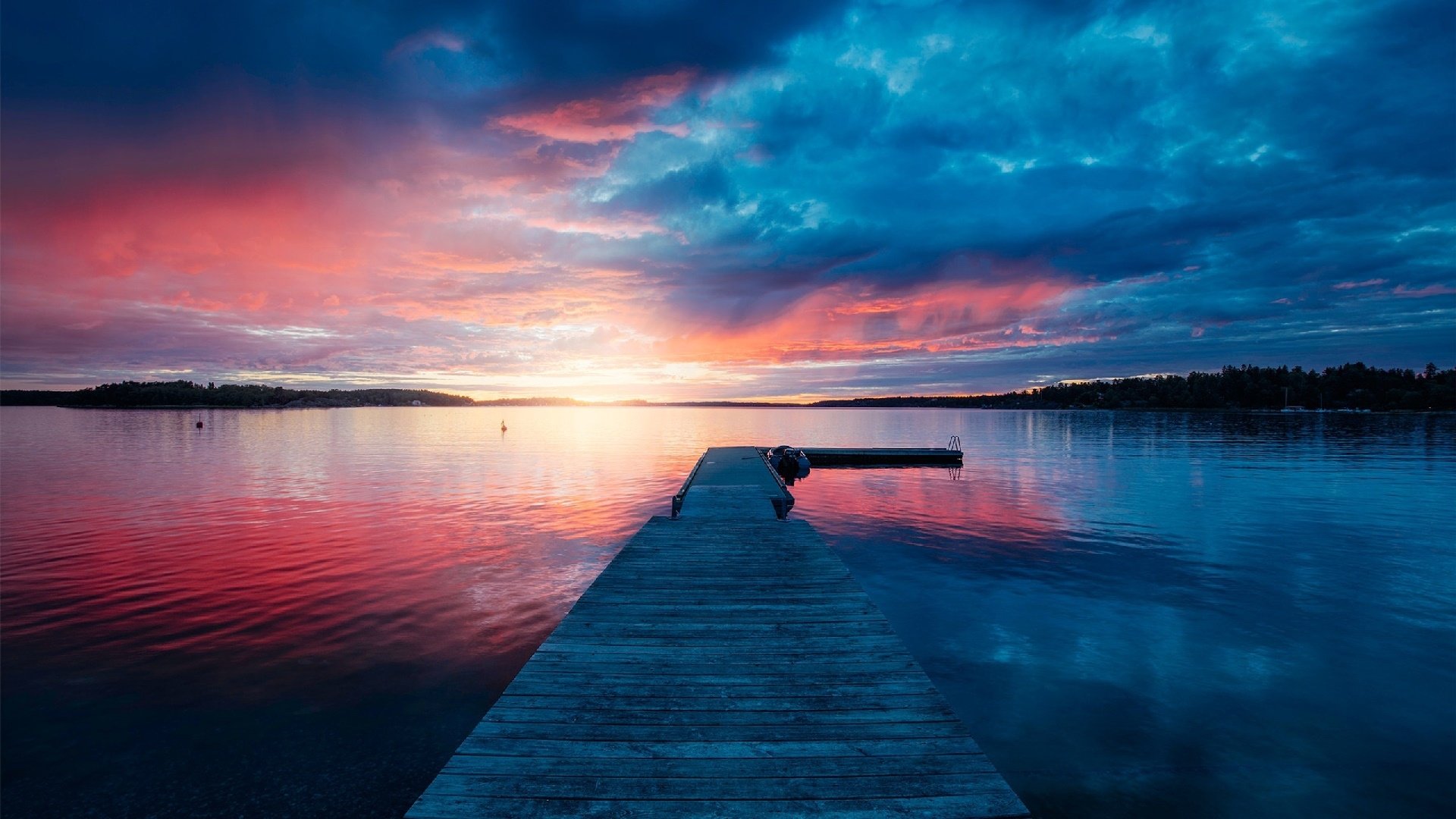 Tranquil Sunset Pier Over Serene Lake and Cloudscape – HD Wallpaper ...