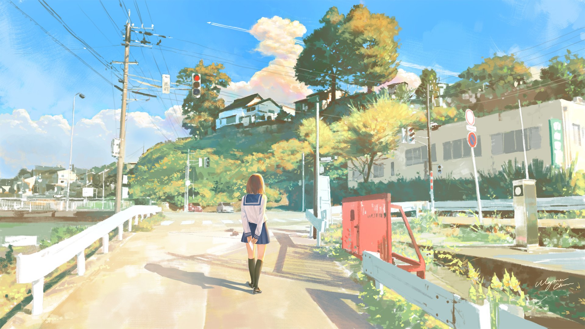 HD anime desktop wallpaper featuring an original artwork of a solitary girl walking along a sunny suburban street with lush greenery and scattered buildings in the background.