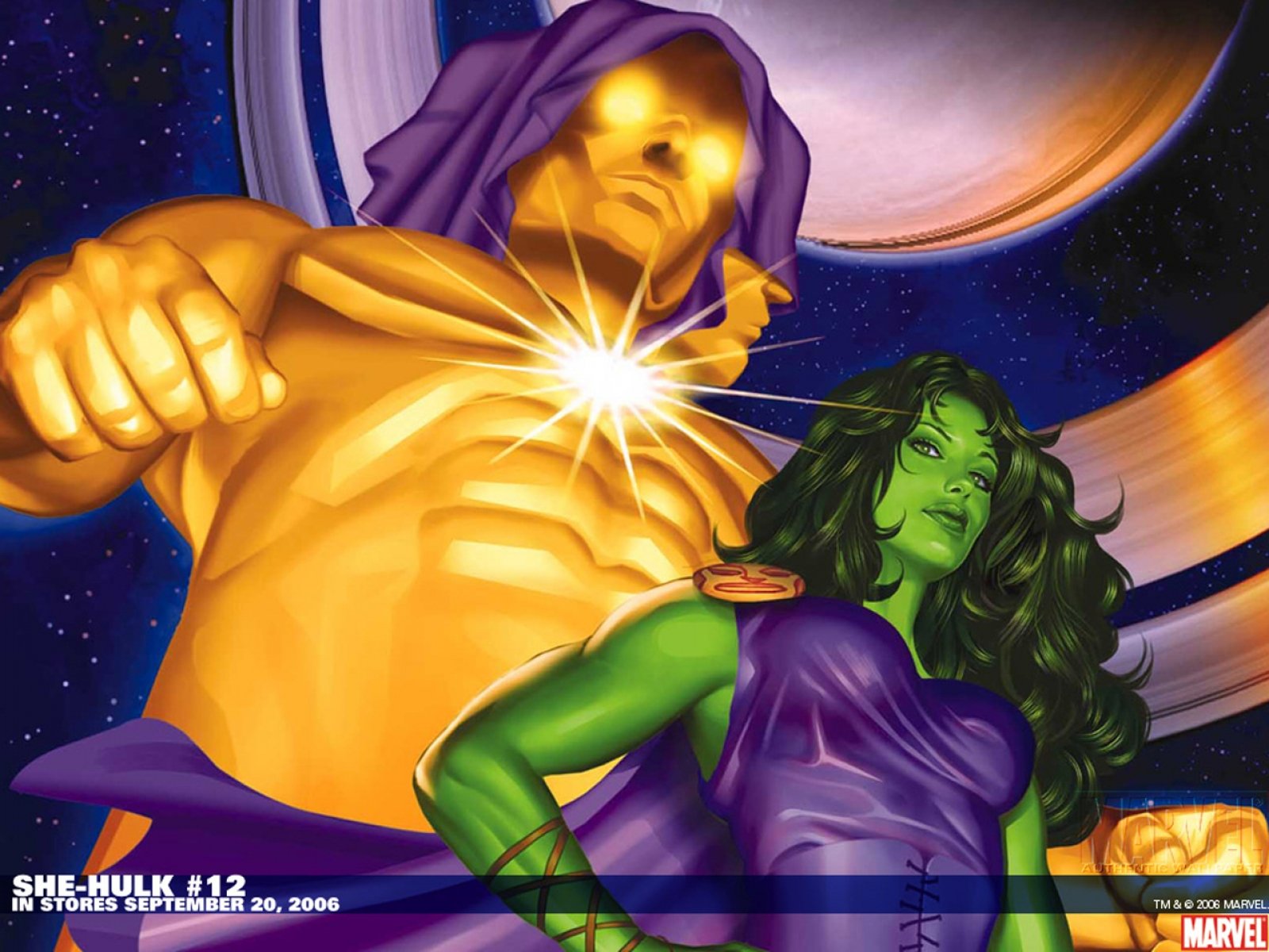 Comic-style HD PC desktop wallpaper/background featuring She-Hulk in a purple outfit standing defiantly beside a towering golden cosmic figure against a starry space backdrop.