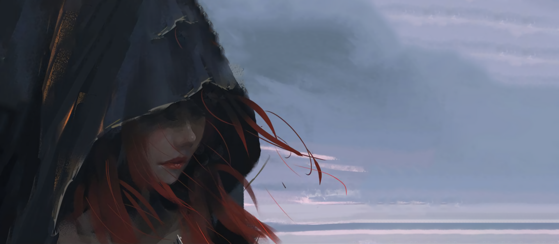 HD PC desktop wallpaper featuring a comic-style character from GhostBlade cloaked in shadow with flowing red hair against a moody, cloudy sky background.