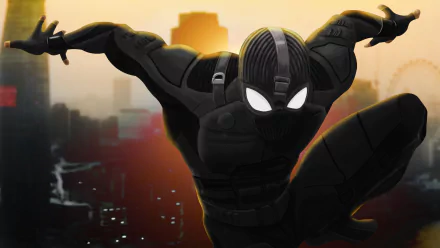 HD PC desktop wallpaper featuring Spider-Man Noir from the Spider-Man: Far From Home movie, posed dynamically against a city skyline at sunset.