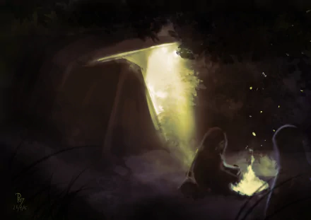 HD anime original PC desktop wallpaper depicting two shadowed figures sitting by a small campfire inside a dark cave with bright light streaming in from the entrance.