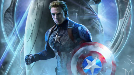 HD wallpaper featuring Chris Evans as Steve Rogers, also known as Captain America, from the movie Avengers: Endgame. He is in his iconic suit, holding his shield with a determined expression.