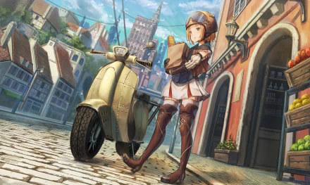 HD wallpaper featuring an anime girl with a scooter in a picturesque town. The sunlit background and vibrant colors enhance the charming street scene.