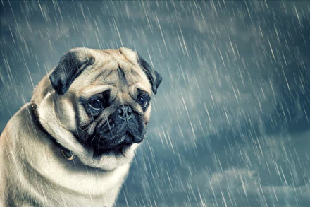 A sad pug sits in the rain, capturing the essence of a rainy day. This HD image serves as a charming desktop wallpaper, showcasing a beloved animal in a moody atmosphere.