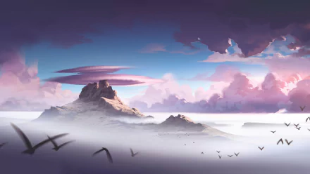 Artistic HD desktop wallpaper showing a mountain peak rising above clouds under a colorful sky, with birds flying in the distance.