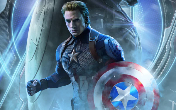 HD wallpaper featuring Chris Evans as Steve Rogers, also known as Captain America, from the movie Avengers: Endgame. He is in his iconic suit, holding his shield with a determined expression.