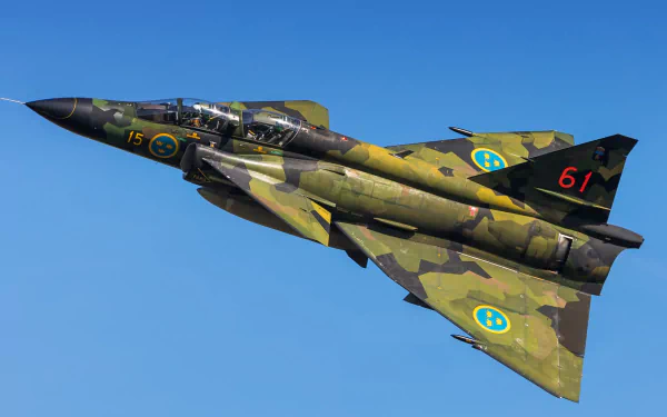 HD desktop wallpaper featuring a Saab 37 Viggen military jet fighter warplane in flight against a clear blue sky.