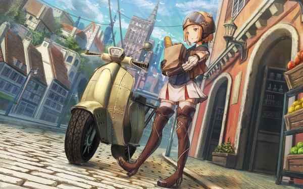HD wallpaper featuring an anime girl with a scooter in a picturesque town. The sunlit background and vibrant colors enhance the charming street scene.