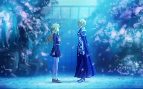 HD anime desktop wallpaper featuring blonde characters Asuna Yuuki in a school uniform and Eugeo in armor, blending Fate/Prototype and Sword Art Online: Alicization in a serene crossover scene.