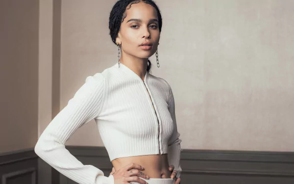 HD desktop wallpaper of American actress Zoë Kravitz with black hair, brown eyes, and dangling earrings, posing confidently against a neutral background.