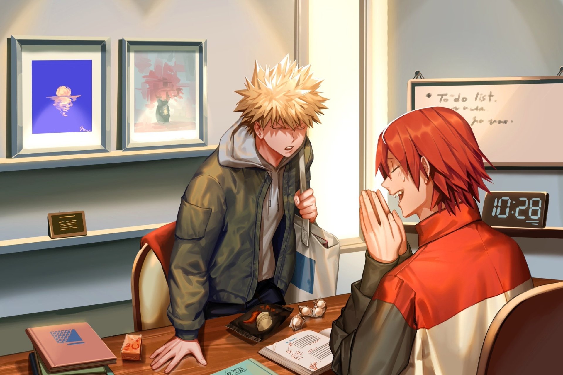 HD PC wallpaper of Eijiro Kirishima and Katsuki Bakugou from My Hero Academia in a warmly lit room, engaged in conversation with a cozy, detailed background.