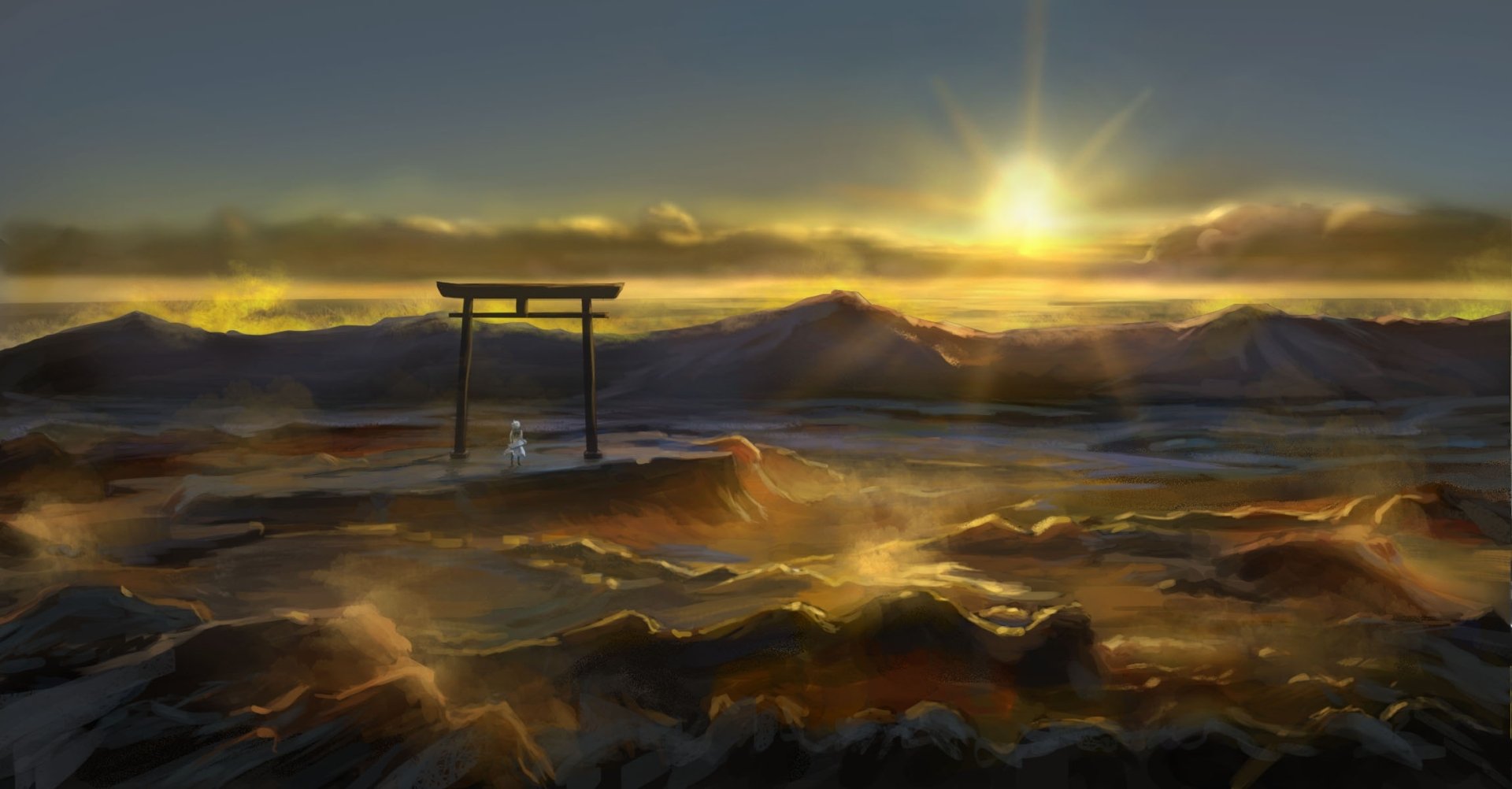 HD anime wallpaper featuring an original sunset scene with a lone figure standing under a traditional Torii gate amidst a serene mountainous landscape.