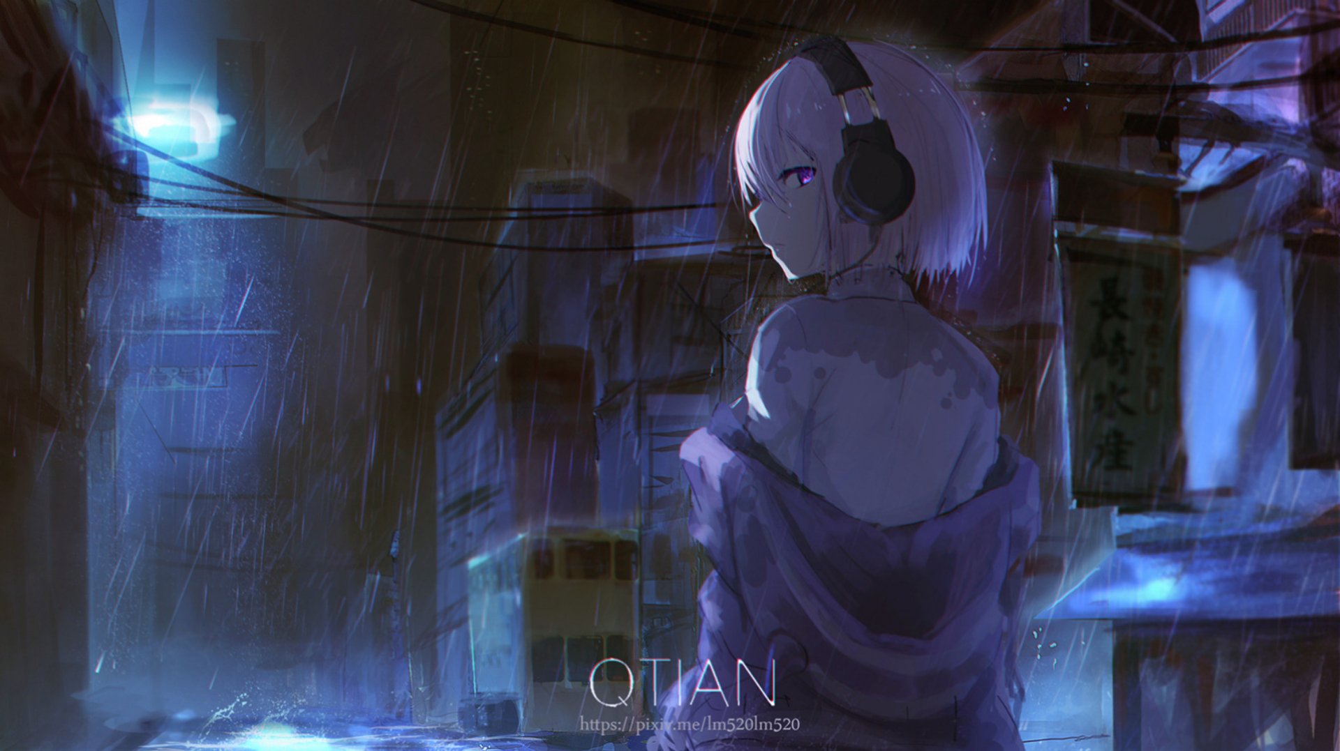 HD PC desktop wallpaper featuring Akane Shinjou from the anime SSSS.Gridman standing in a rainy, dimly lit urban setting with blue tones and dramatic lighting.