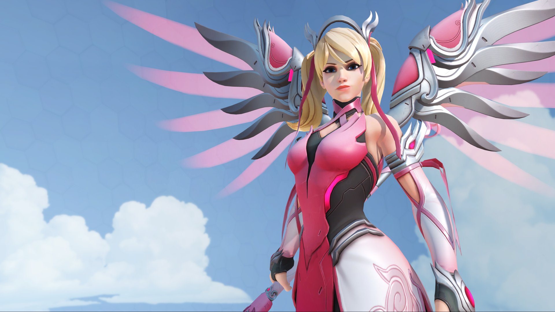 Mercy from Overwatch in pink Valkyrie armor with glowing mechanical wings against a blue sky — 5K Ultra HD PC desktop wallpaper/background, video game artwork.