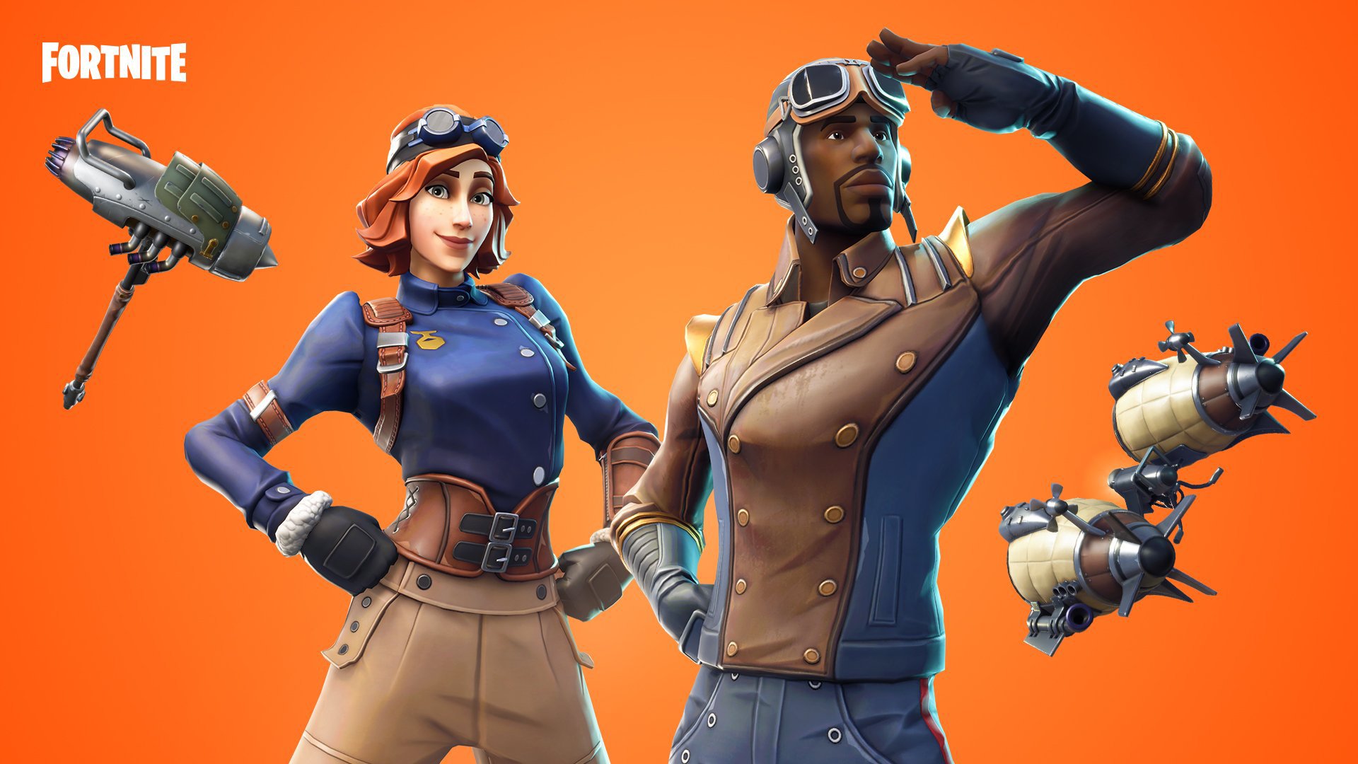 Fortnite video game HD PC desktop wallpaper: two steampunk aviator characters pose against a bright orange background, flanked by small flying mechanical drones.