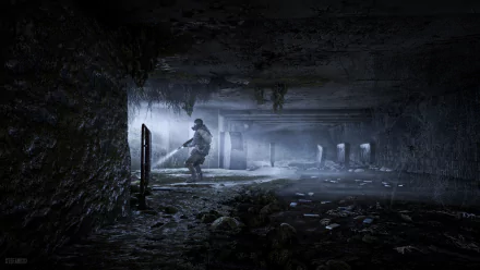 HD desktop wallpaper featuring a scene from Metro: Last Light Redux. The image depicts a lone figure exploring a dark, desolate underground environment, evoking a sense of isolation and tension.