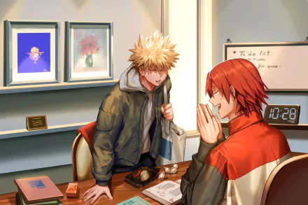 HD PC wallpaper of Eijiro Kirishima and Katsuki Bakugou from My Hero Academia in a warmly lit room, engaged in conversation with a cozy, detailed background.
