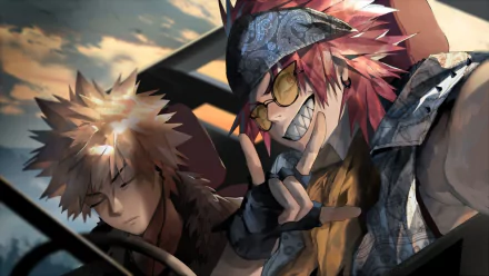 HD desktop wallpaper featuring Eijiro Kirishima and Katsuki Bakugou from the anime My Hero Academia. Kirishima is smiling and making a peace sign while Bakugou appears to be resting.