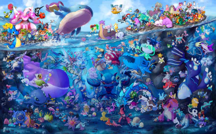 HD desktop wallpaper featuring various water Pokémon, including Gyarados and Psyduck, set in an anime-inspired undersea scene from Pokémon.