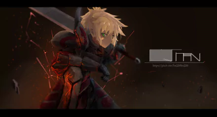 Mordred from Fate/Grand Order in detailed anime-style armor, poised with a sword in a dark, dramatic 4K Ultra HD desktop wallpaper background.