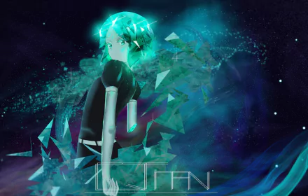 HD PC desktop wallpaper featuring Phosphophyllite from the anime Land of the Lustrous, with vibrant teal and blue tones and a dynamic, fragmented design.